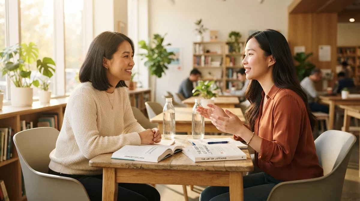 お互いを尊重しながら優しく語り合う2人の会話シーン