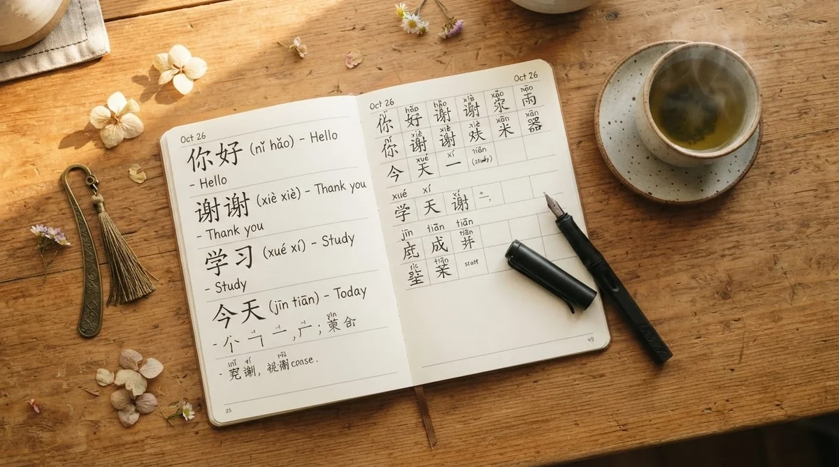 木製デスクの上で中国語のピンインと漢字が綺麗に書かれたノートとペンの写真