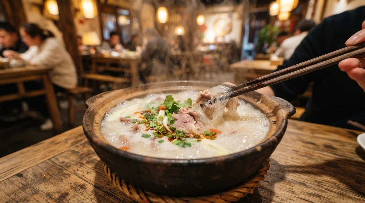 グツグツと煮立つ濃厚な乳白色のスープと春雨、羊肉を箸ですくう様子
