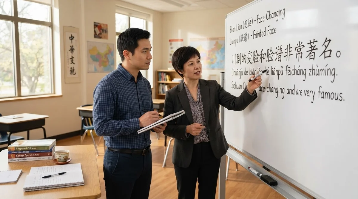 語学教室で四川変面の中国語単語を学習している様子