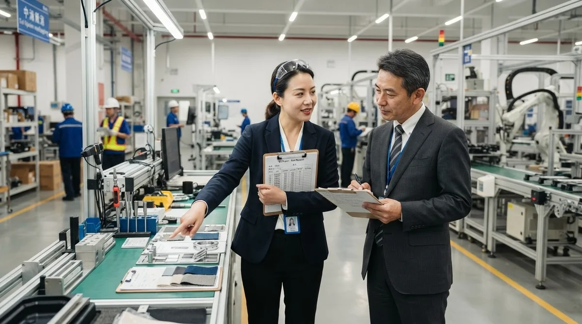 工場現場で中国人マネージャーと材料・品質確認を行う様子
