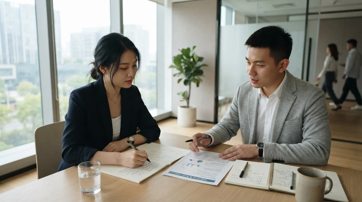 書類を間に置いて対話する中国人の男女