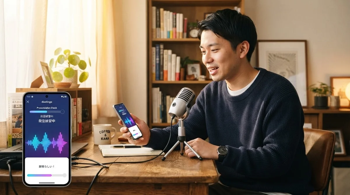 スマートフォンの録音画面を見ながらマイクに向かって発音練習をする学習者