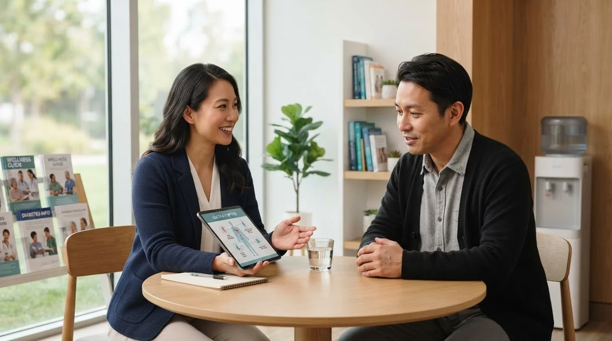 健康や症状に関する中国語フレーズをタブレットを使って会話練習している様子