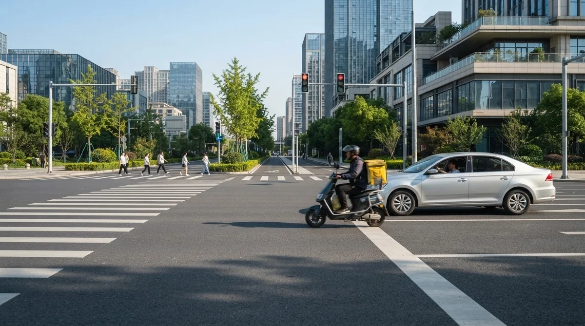 都市部の道路で自動車と電動スクーターが交差する様子