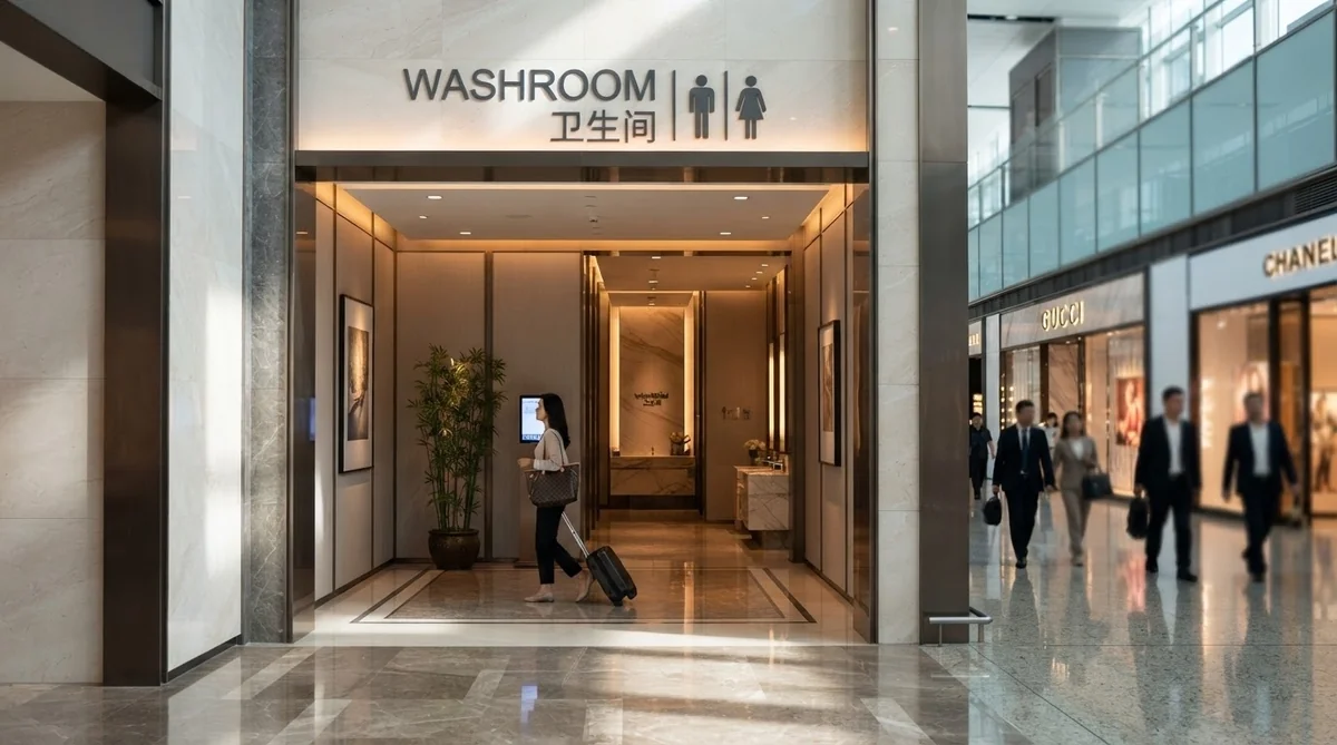 現代中国の主要都市にある明るく清潔でモダンな洗面所と案内表示