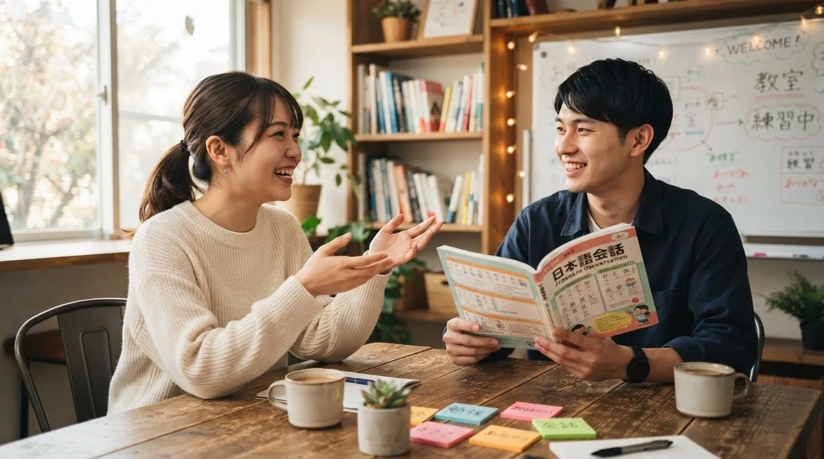 楽しそうに中国語で会話練習をする受講生同士の様子
