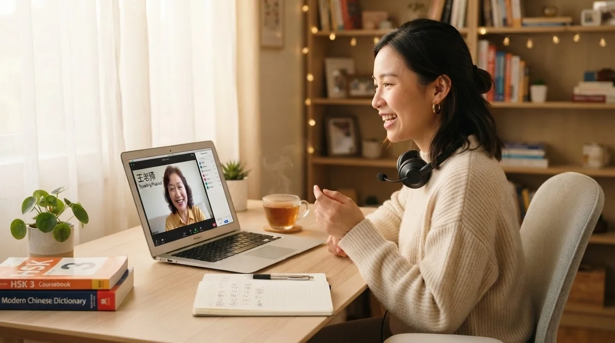 オンラインレッスンでネイティブ講師と中国語会話を練習する学習者