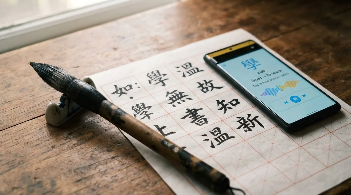 伝統的な太筆とスマートフォンの音声を併用して中国語の韻や発音を確認する学習道具