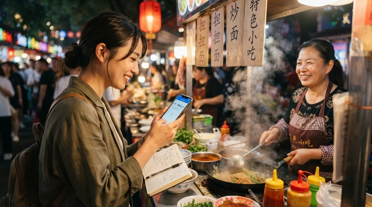 中国の屋台で言葉を交わしながらコミュニケーションを取る観光客