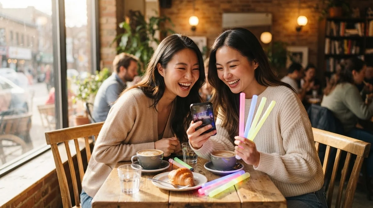 カフェでペンライトを手にスマートフォンを見ながら楽しそうに談笑する女性ファンの様子
