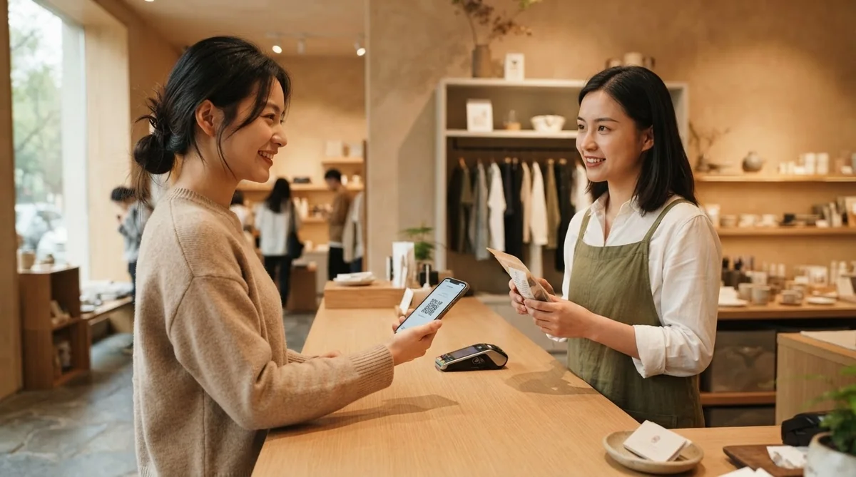 スマートフォンのモバイル決済でスムーズに買い物を行う店員とお客