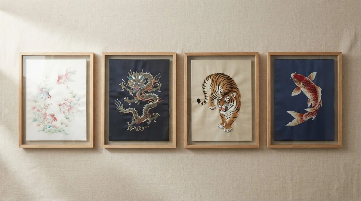 中国四大刺繍の代表作（金魚、龍、虎、鯉）を整然と比較配置した展示