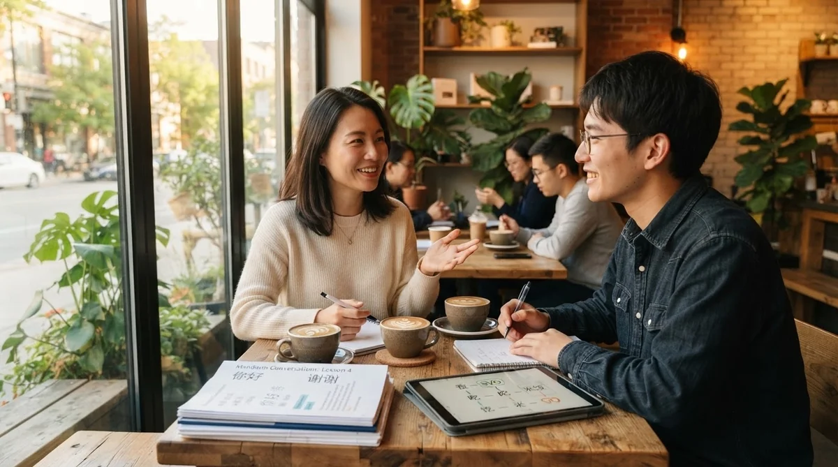 講師と一緒に中国語の例文や置き換え練習を行っている学習シーン