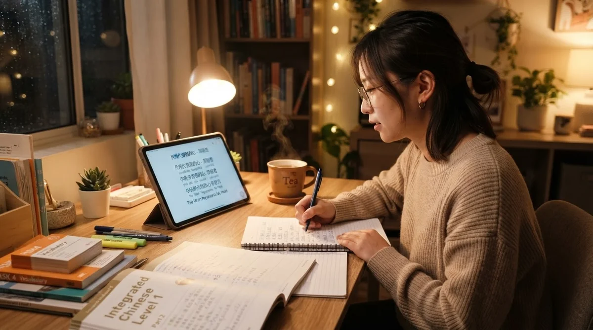 デスクで歌詞のピンインや意味を確認しながら学習に励む様子