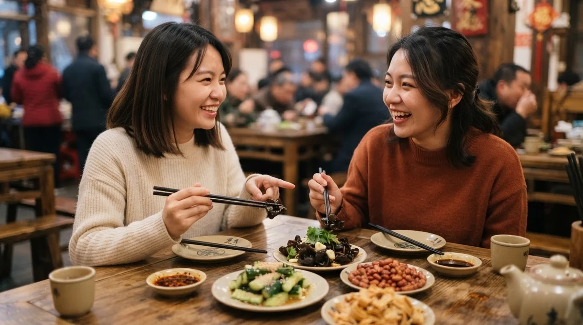 中華レストランで前菜の小皿料理を囲み会話を楽しむ友人たちの様子