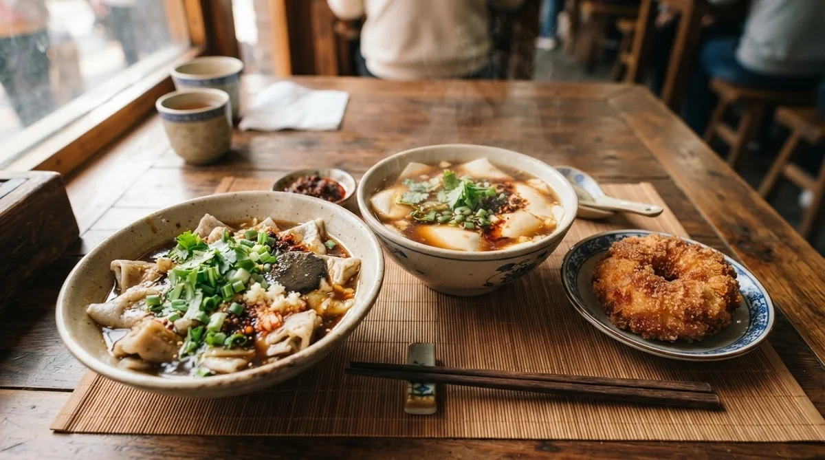 とろみのある餡がかかった嘎巴菜と老豆腐、揚げ餅菓子の耳朵眼炸糕