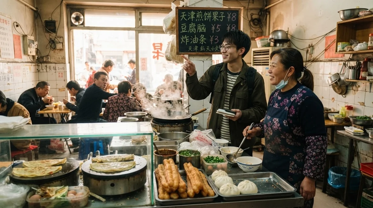天津の朝食店カウンターで店主と笑顔で会話しながら注文する日本人旅行者