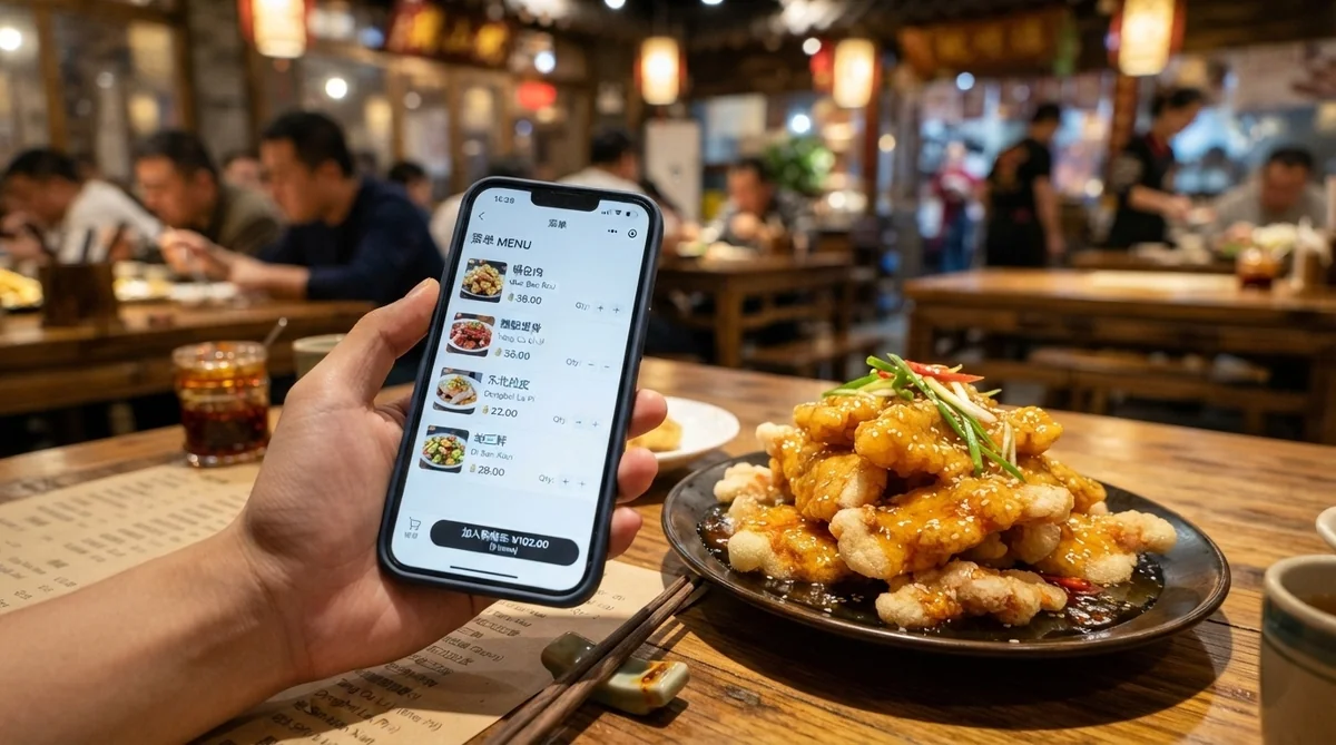 スマートフォンの画面に表示された中国語の注文フレーズを注文時に活用する様子