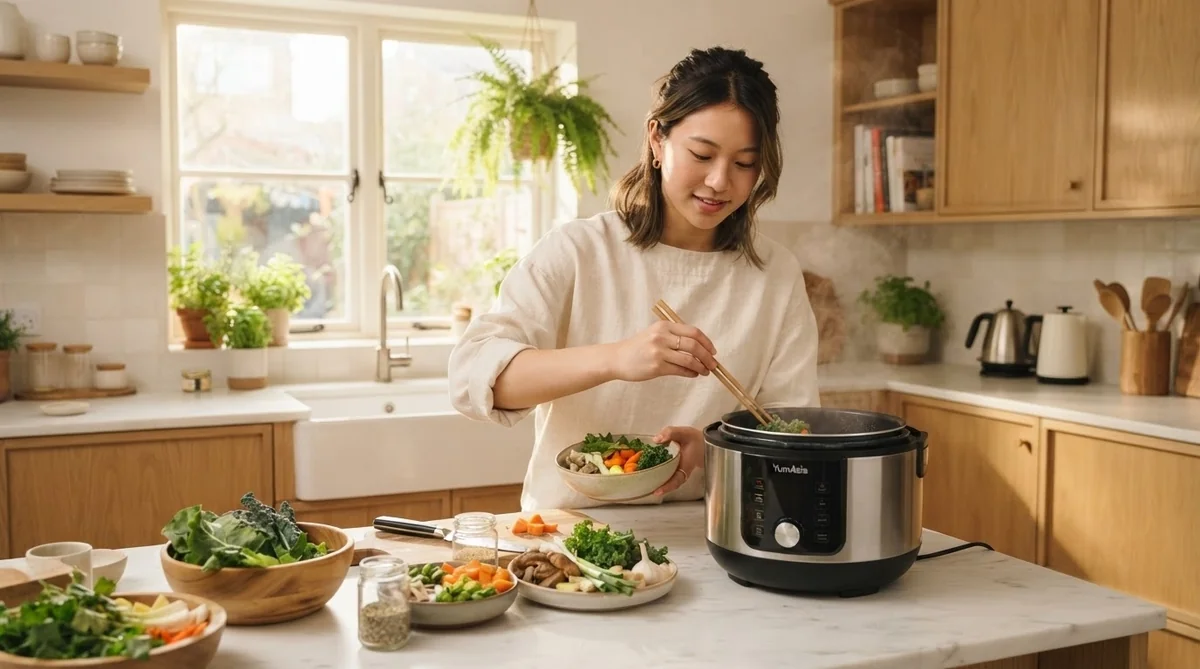 多機能電気調理鍋に食材を入れて料理する様子
