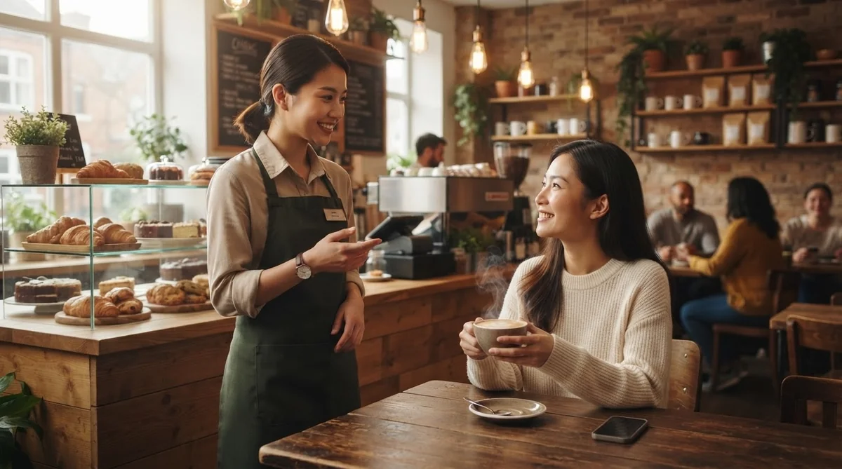 カフェで店員と笑顔でやり取りする様子
