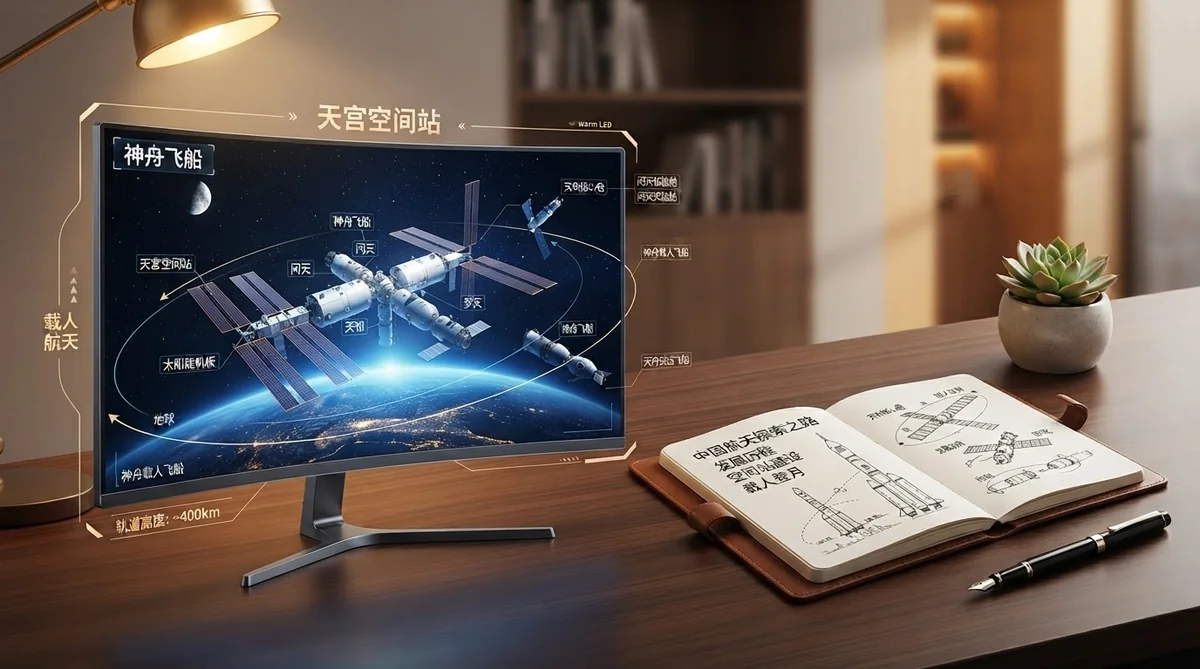天宮宇宙ステーションと中国語の専門用語が表示された教育用モニターのイメージ