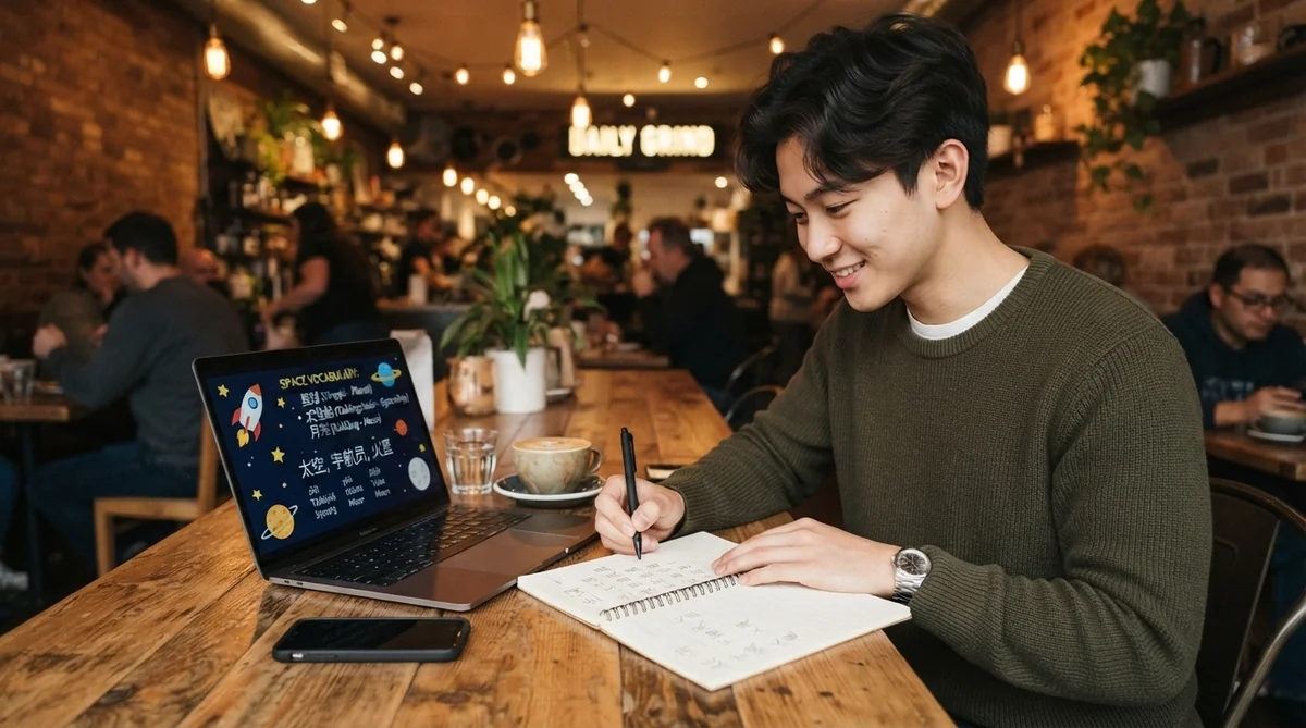 ノートパソコンと単語帳を使って中国語の勉強をする男性学習者