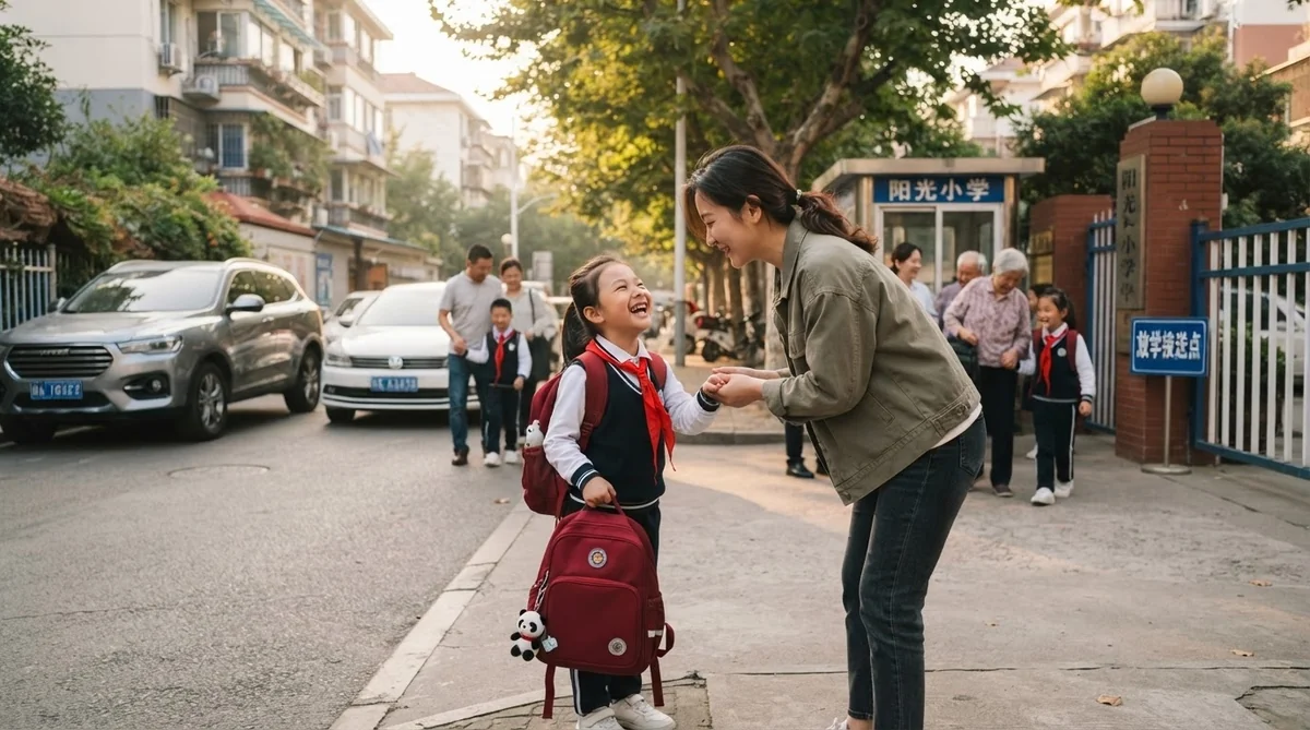中国の学校の門の前で保護者が車で子どもを笑顔で迎えている送り迎えの様子