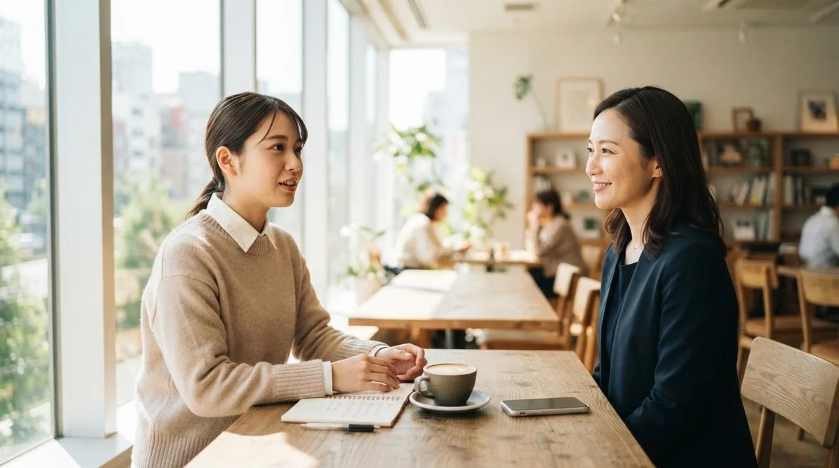 カフェで自然な対話を楽しむ2人のビジネスパーソン