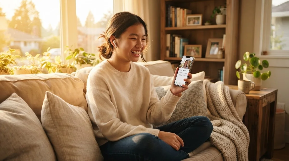 スマートフォンを見ながら発音や会話を練習する学習者