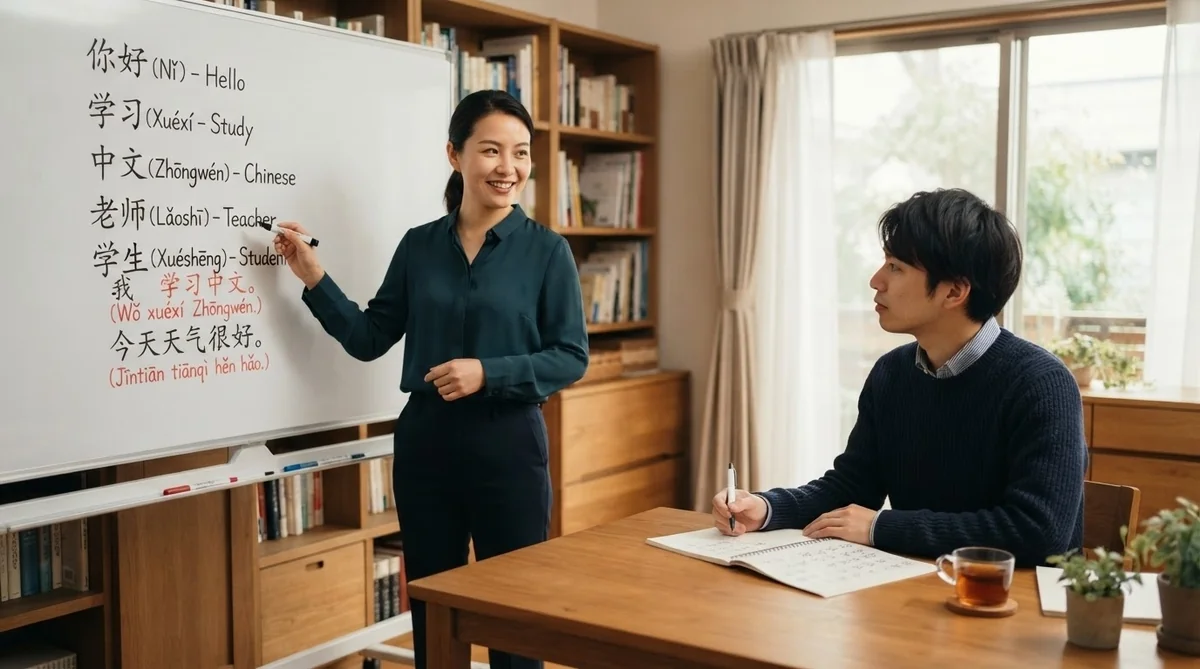 講師から実践的な中国語会話フレーズを教わるレッスンシーン