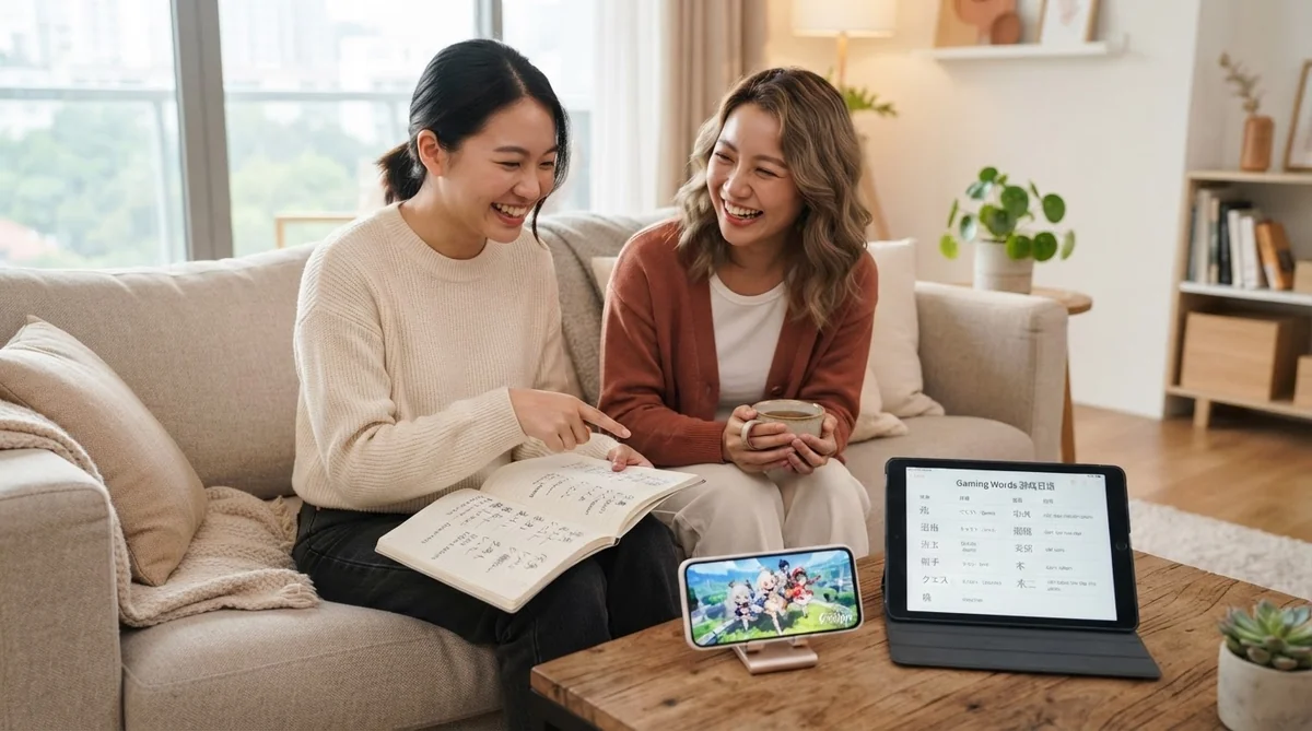 ゲーム用語を見ながら会話練習に花を咲かせる学習者たち