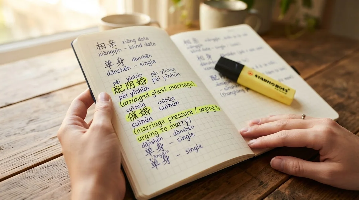ノートに手書きで書き留められた中国語の重要単語