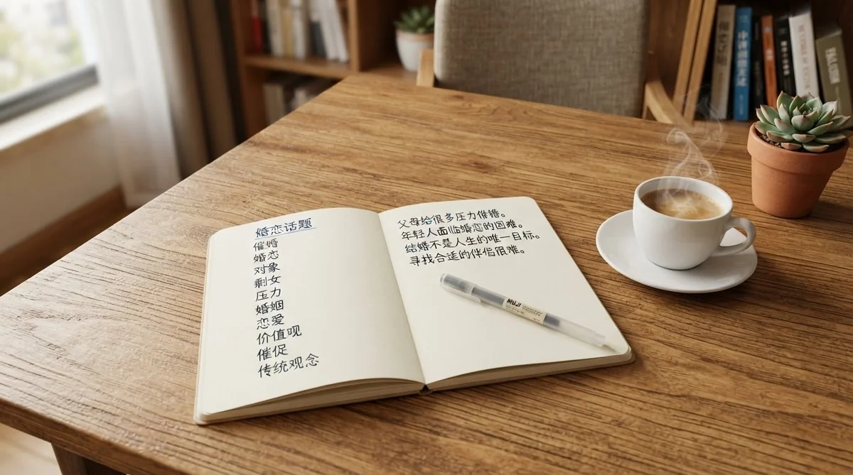 中国語の単語や表現をノートに整理して丁寧に勉強するデスクの風景