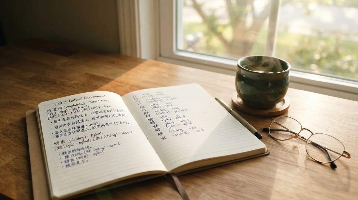 木製デスクの上で開かれた中国語の学習ノートと『行道树』『蚜虫』のピンイン表記メモ