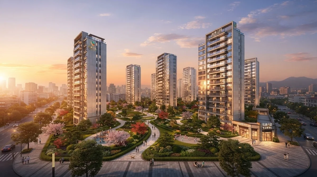 夕暮れ時の中国の整然とした集合住宅の外観