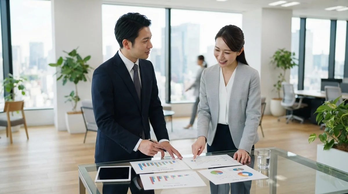 ビジネスシーンで落ち着いて対話する2人の様子