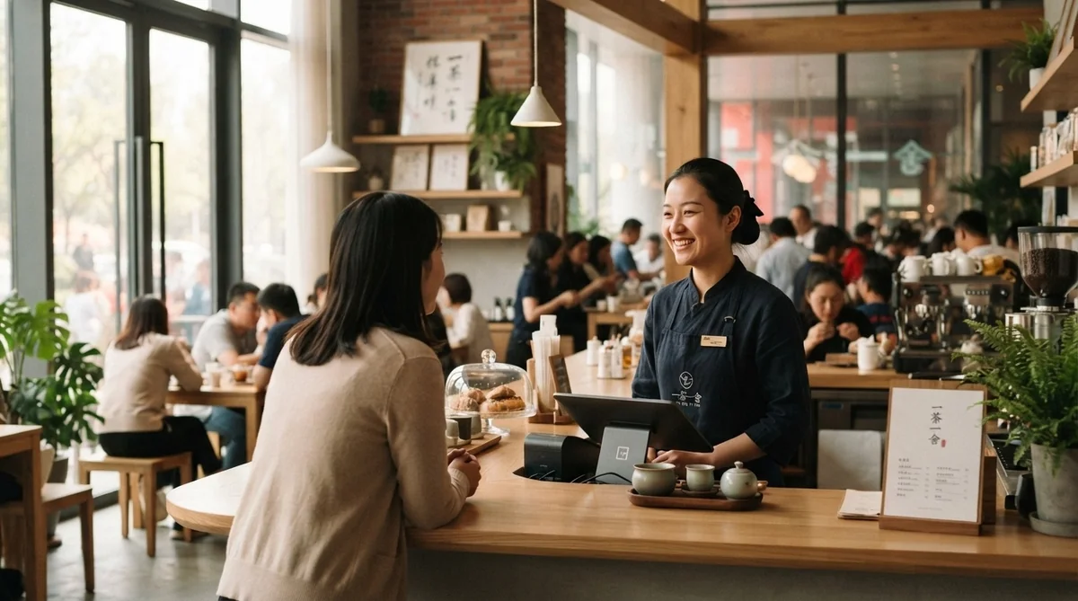 中国のカフェで注文や会話をしている店員とお客の画像