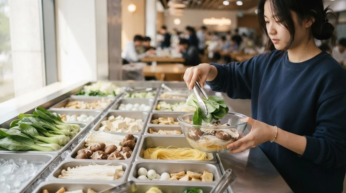麻辣烫のカウンターで具材をトングで選ぶセルフサービスの様子