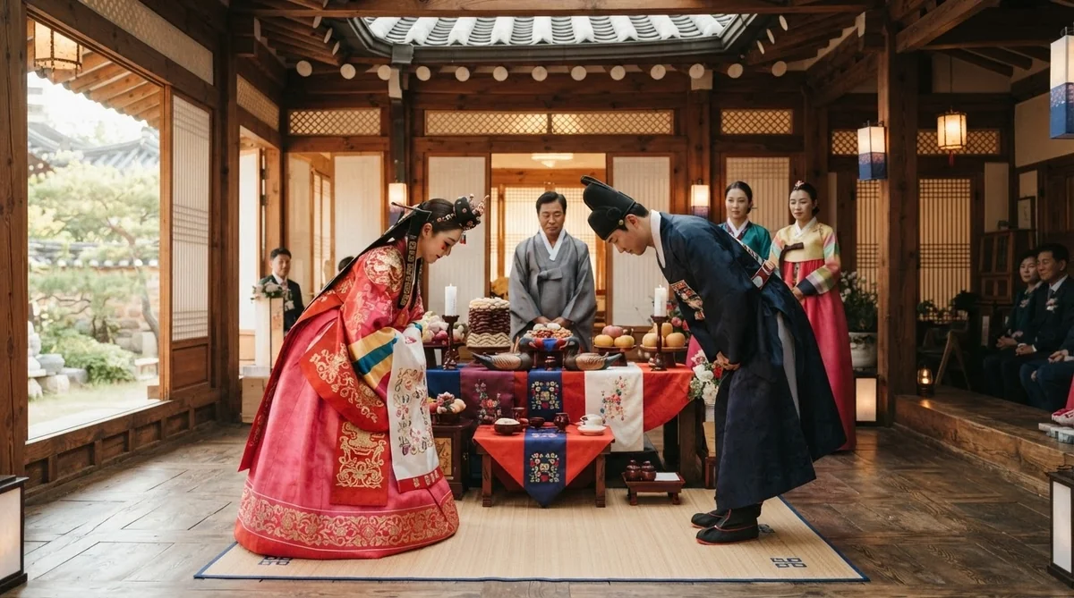 伝統的な儀式のお辞儀を交わす新郎新婦