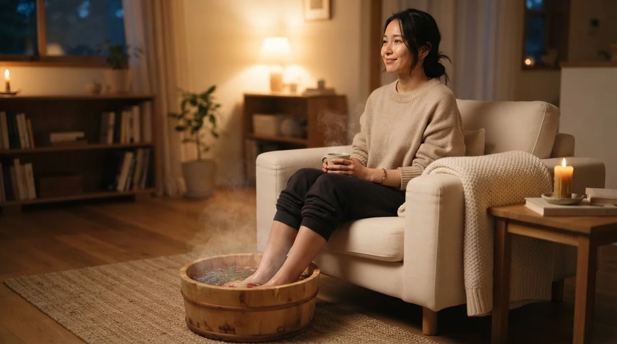 リビングでリラックスしながら足湯を楽しむ女性