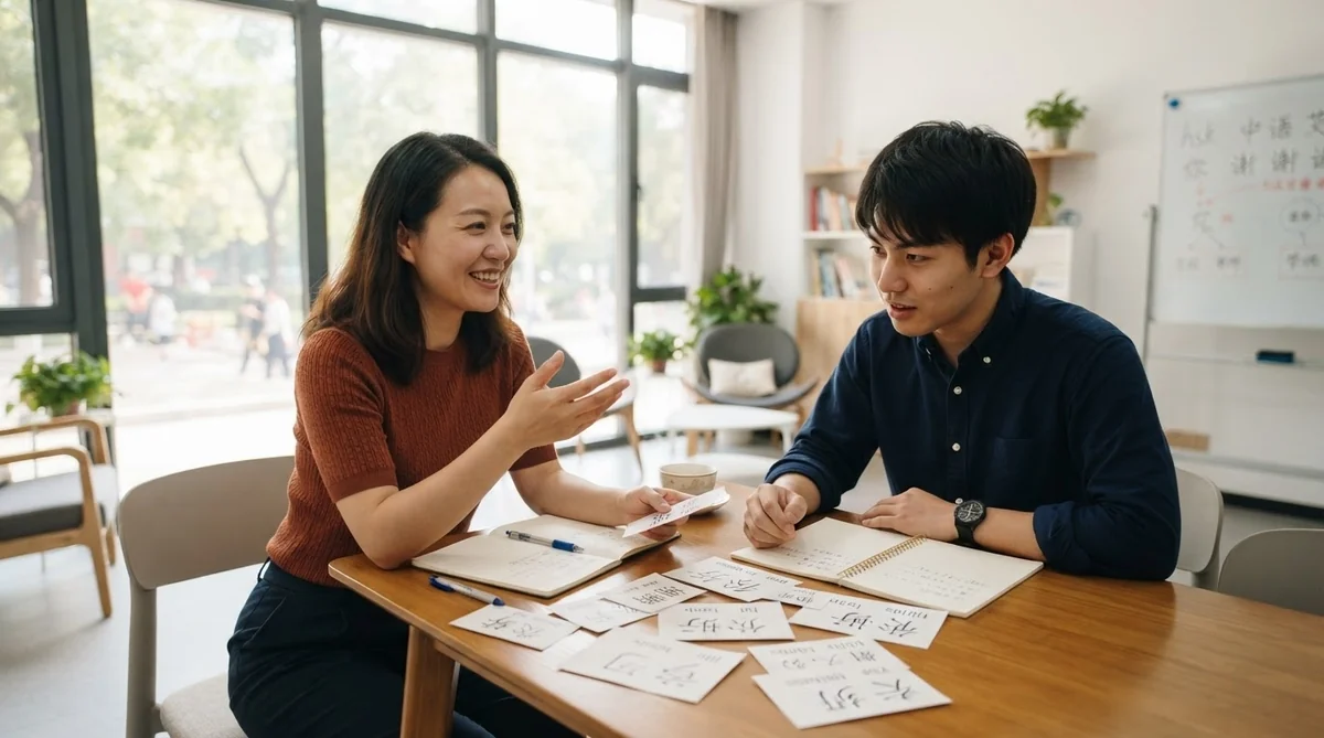講師と生徒がテーブルを挟んで中国語の会話練習をしている様子。