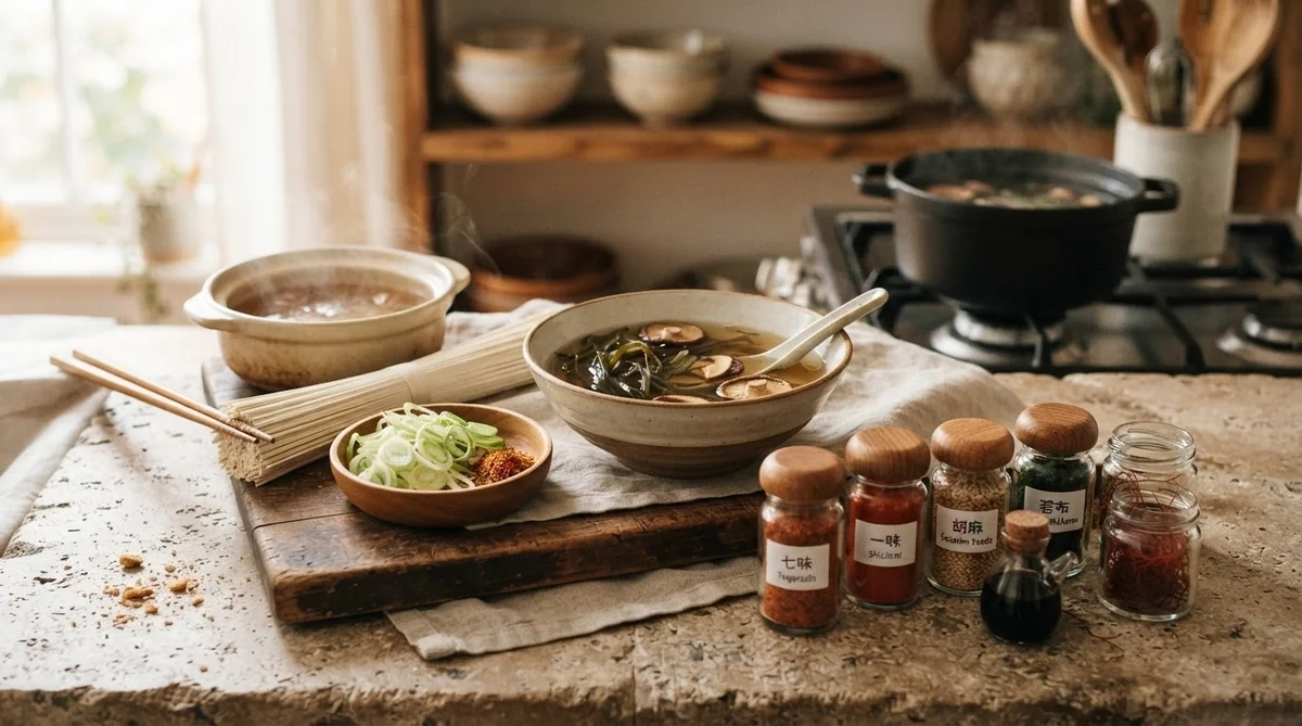 乾麺と昆布・シイタケの出汁、薬味を使って作る温かい和風麺料理の準備