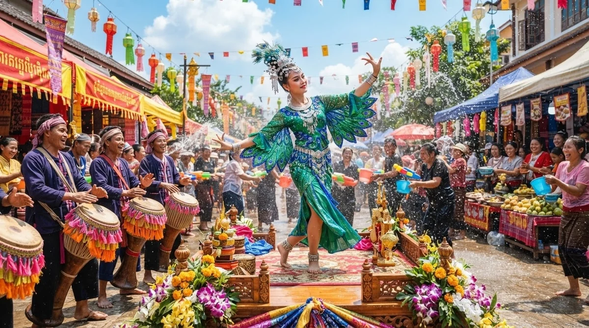 水かけ祭りで披露される傣族の伝統舞踊と賑やかな祭りの市