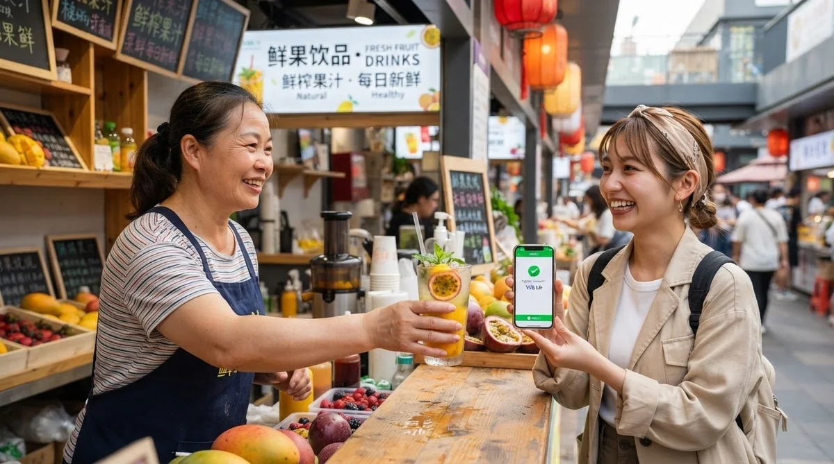 市場の屋台で店員にスマホ画面を見せて買い物をする様子