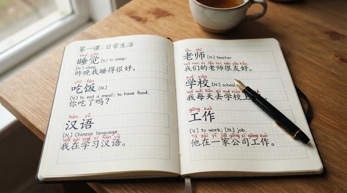 手書きで丁寧にピンインと例文がまとめられたノート