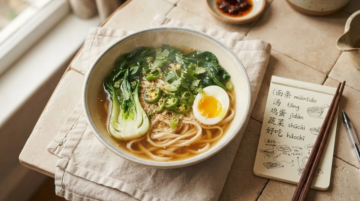 丁寧に調理された美味しそうな麺と中国語の単語メモ