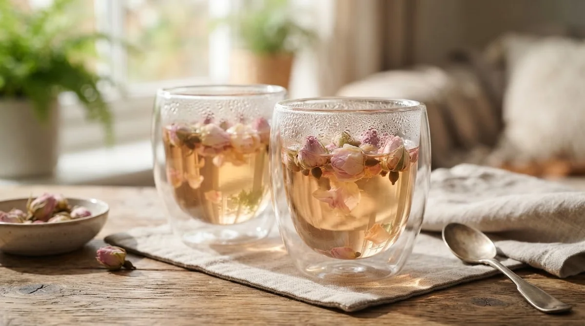 バラの花びらとハーブを浮かせた見た目にも美しい泡水