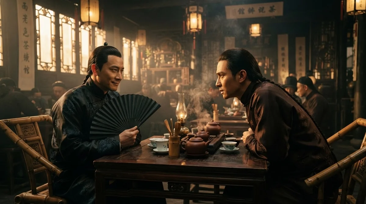 伝統的な中国の茶館で時代衣装を着た男性2名がテーブル越しに対話する様子
