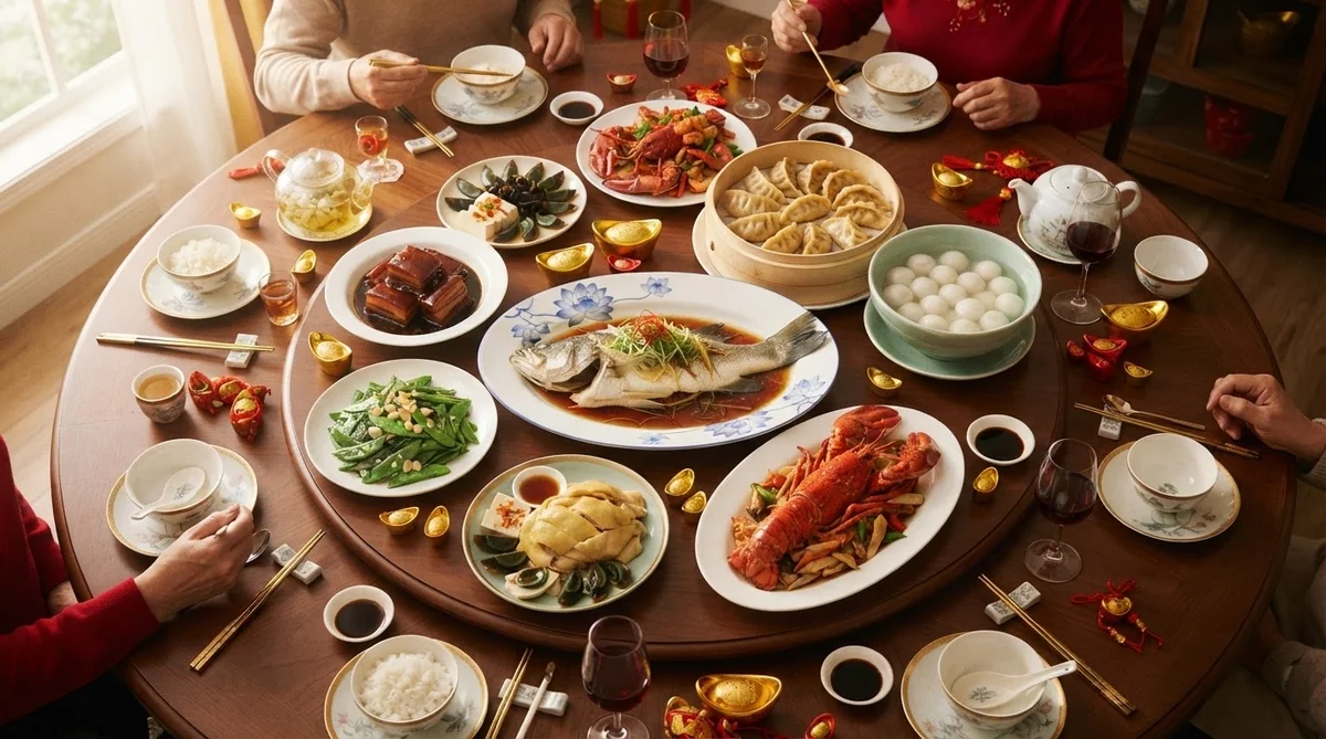 食卓に並べられた魚料理や手作りの水餃子などの年夜飯